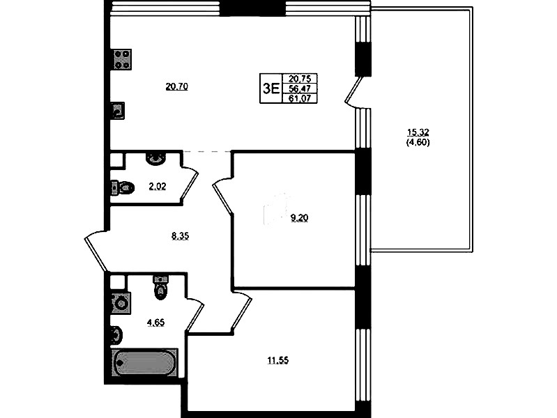 2-комнатная квартира 56.47 м², 1/5 эт., ЖК «Plus Пулковский»